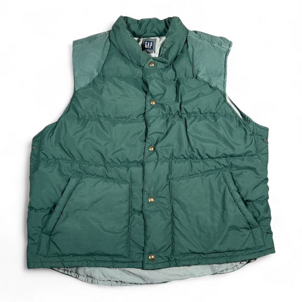 Vintage Gap Vest Adult LARGE Green Gray Down Puffer Quilted Hooded Outdoor 90s